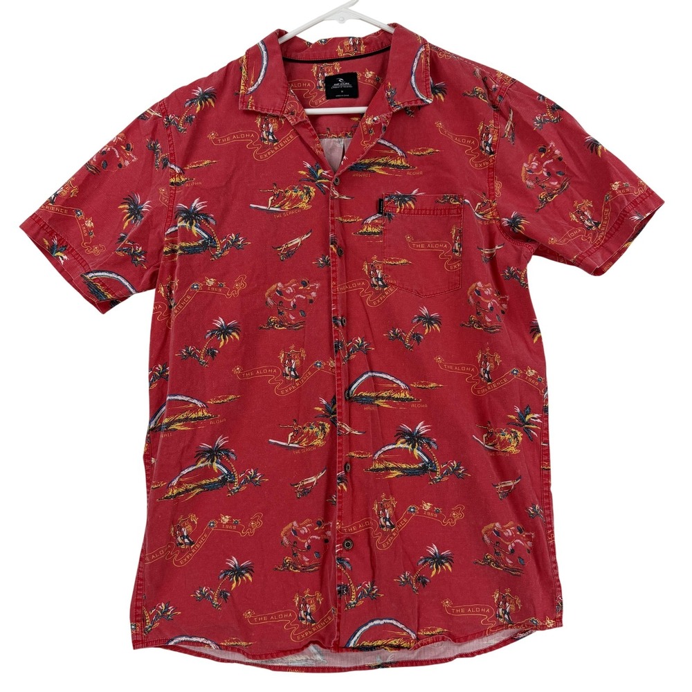Rip Curl Shirt Mens Medium Red Hawaiian Aloha Short Sleeve King Kamehameha‎